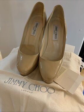 Jimmy Choo Beige Patent Platform Pumps